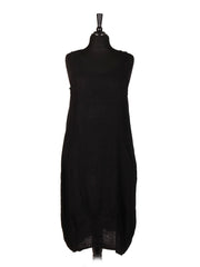 Italian Linen Lagenlook Dress With Side Ribbed Panel - Black
