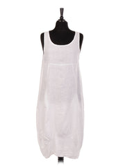 Italian Linen Lagenlook Dress With Side Ribbed Panel - White