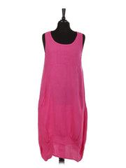 Italian Linen Lagenlook Dress With Side Ribbed Panel - Cerise