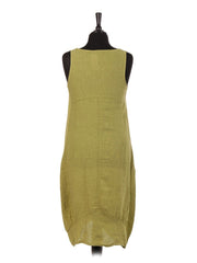 Italian Linen Lagenlook Dress With Side Ribbed Panel - Lime Green