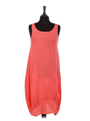 Italian Linen Lagenlook Dress With Side Ribbed Panel - Coral