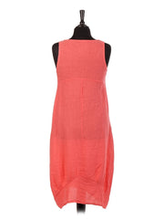 Italian Linen Lagenlook Dress With Side Ribbed Panel - Coral