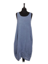 Italian Linen Lagenlook Dress With Side Ribbed Panel - Denim