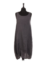 Italian Linen Lagenlook Dress With Side Ribbed Panel - Charcoal