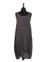 Italian Linen Lagenlook Dress With Side Ribbed Panel - Charcoal