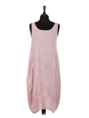 Italian Linen Lagenlook Dress With Side Ribbed Panel - Baby Pink