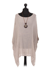 Italian Plain Batwing Top With Front Pockets and Necklace - Beige