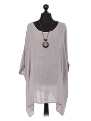 Italian Plain Batwing Top With Front Pockets and Necklace - Light Grey