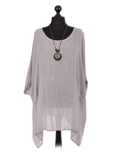 Italian Plain Batwing Top With Front Pockets and Necklace - Light Grey