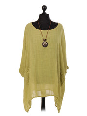 Italian Plain Batwing Top With Front Pockets and Necklace - Lime Green