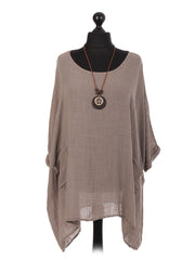 Italian Plain Batwing Top With Front Pockets and Necklace - Mocha