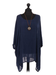 Italian Plain Batwing Top With Front Pockets and Necklace - Navy