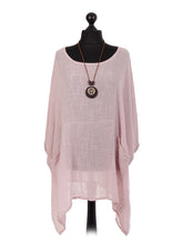 Italian Plain Batwing Top With Front Pockets and Necklace - Pink