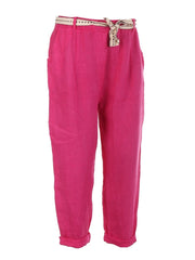 Italian Plain Linen Trouser With Side Pockets - Cerise