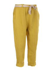 Italian Plain Linen Trouser With Side Pockets - Mustard