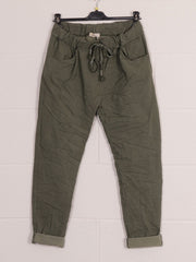 Italian Plain Magic Pants With Side Pockets - Army Green