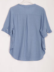 Italian Pleated Front Button Through Linen Blouse - Denim