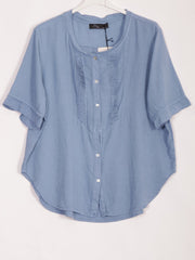 Italian Pleated Front Button Through Linen Blouse - Denim