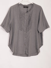 Italian Pleated Front Button Through Linen Blouse - Grey