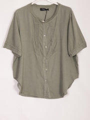 Italian Pleated Front Button Through Linen Blouse - Khaki