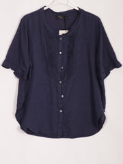 Italian Pleated Front Button Through Linen Blouse - Navy