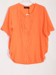 Italian Pleated Front Button Through Linen Blouse - Orange