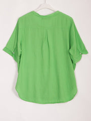 Italian Pleated Front Button Through Linen Blouse - Parrot Green