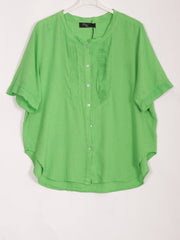 Italian Pleated Front Button Through Linen Blouse - Parrot Green