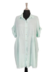 Italian Raw Edge Hem Front Button Panel Top - Aqua