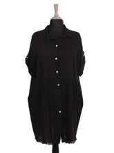 Italian Raw Edge Hem Front Button Panel Top - Black