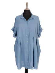 Italian Raw Edge Hem Front Button Panel Top - Denim