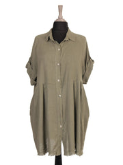 Italian Raw Edge Hem Front Button Panel Top - Khaki