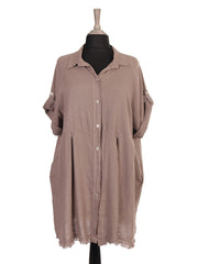 Italian Raw Edge Hem Front Button Panel Top - Mocha