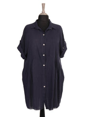 Italian Raw Edge Hem Front Button Panel Top - Navy
