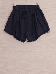 Italian Raw Edge Linen Shorts with Side Pockets - Navy