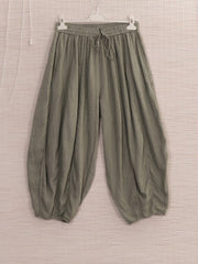 Italian Relaxed Fit Linen Capri Trousers - Khaki