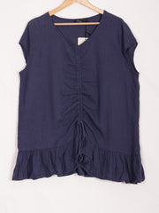 Italian Ruched Front Linen Top - Navy
