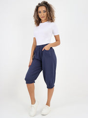 Italian Ruffled Hem Relaxed Fit Linen Trousers - Navy