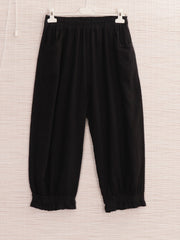 Italian Ruffled Hem Relaxed Fit Linen Trousers - Black