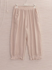 Italian Ruffled Hem Relaxed Fit Linen Trousers - Beige