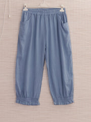 Italian Ruffled Hem Relaxed Fit Linen Trousers - Light Denim