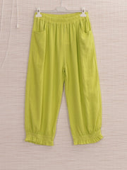 Italian Ruffled Hem Relaxed Fit Linen Trousers - Parrot Green