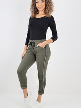 Italian Diamante Stripe Elasticated Trousers - Army Green