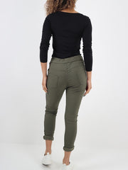 Italian Diamante Stripe Elasticated Trousers - Army Green
