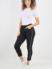 Italian Diamante Stripe Elasticated Trousers - Black
