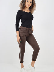 Italian Diamante Stripe Elasticated Trousers - Chocolate