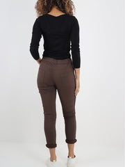 Italian Diamante Stripe Elasticated Trousers - Chocolate