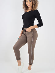Italian Diamante Stripe Elasticated Trousers - Mocha