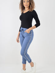 Italian Diamante Stripe Elasticated Trousers - Denim