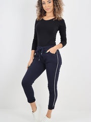 Italian Diamante Stripe Elasticated Trousers - Navy